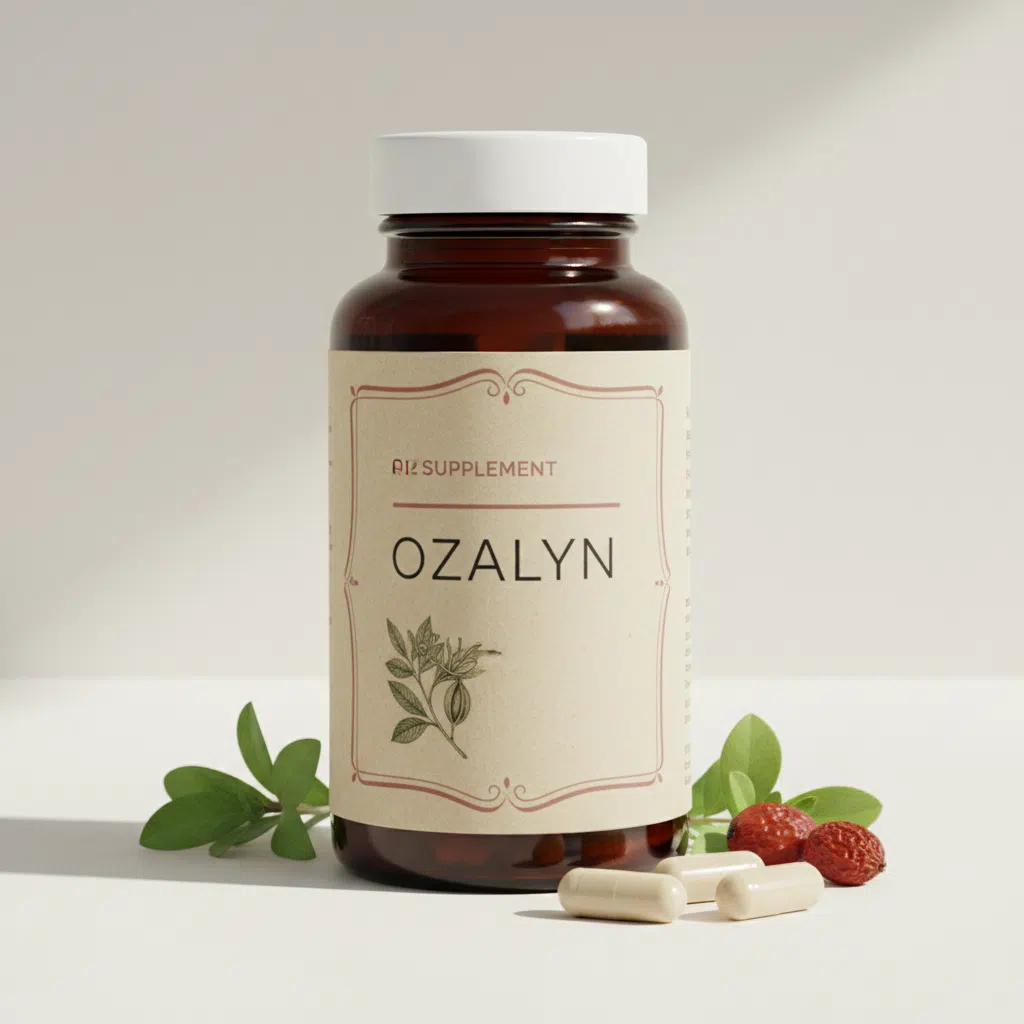Ozalyn supplement fles, dieppaars etiket met botanische illustratie